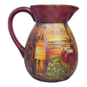 Large Ceramic Decorative Pitcher With Vineyard Design 10.5" EUC